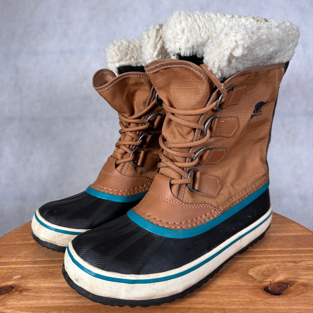 Sorel Winter Carnival Boot Womens 6.5 Tan Black Good Waterproof Faux Fur NL1495